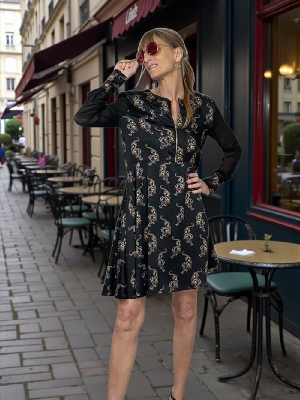 Sandro Paris Kaiya Tiger Print Dress 3 US 8 Black Long Sleeve Mini MISSING BELT